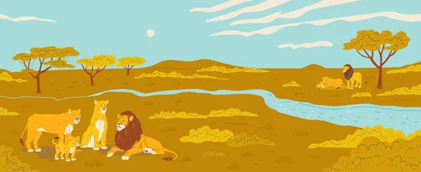 Trots Familie Van Afrikaanse Leeuwen Savanne Landschap Achtergrond Ontwerp Met — Stockvector