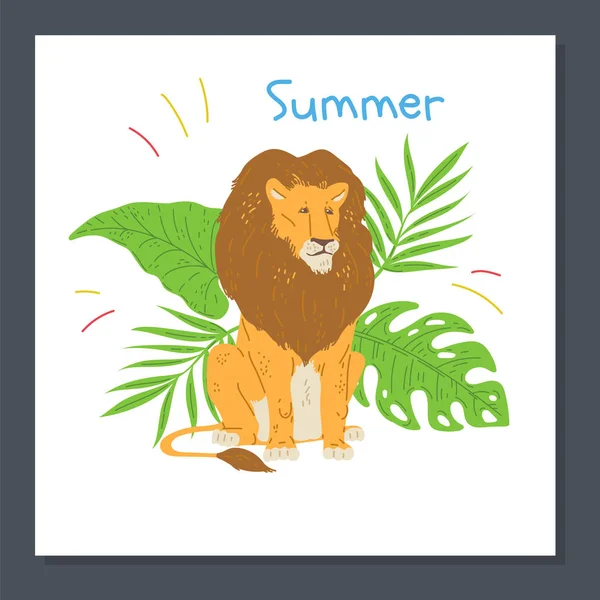 ライオンヤシの木の葉 夏のグリーティングカードに座って フラットベクトルイラスト 夏休みと休日をコンセプトにしたポスター 野生のアフリカの動物画 — ストックベクタ
