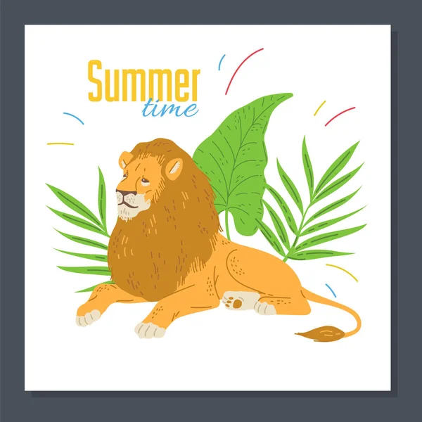 夏の時間のポスターテンプレート ヤシの木の葉に横たわってライオン フラットベクトルイラスト 美しいアフリカの野生動物の絵 夏休みグリーティングカード — ストックベクタ