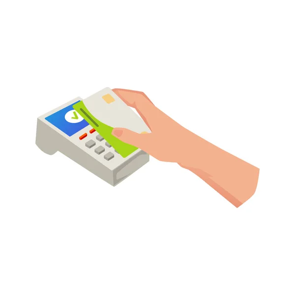 Nfc 프로토콜 연결에 카드를 배경에 신용카드 단말기 — 스톡 벡터