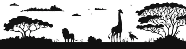Африканский Пейзаж Фон Дикими Животными Черный Силуэт Векторные Иллюстрации Изолированы — стоковый вектор