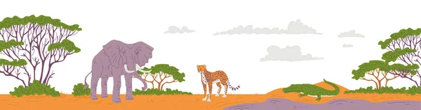 Sfondo Paesaggistico Africano Con Animali Piante Savana Africana Illustrazione Vettoriale — Vettoriale Stock