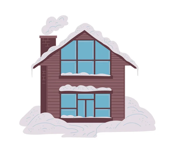 Accogliente Casa Legno Nella Neve Illustrazione Vettoriale Piatta Isolata Sfondo — Vettoriale Stock
