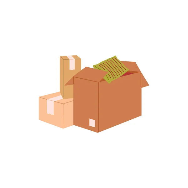 房子或办公室移动的概念 纸板箱包装的东西 平面矢量图形孤立在白色的背景 供搬运的住房物品 — 图库矢量图片