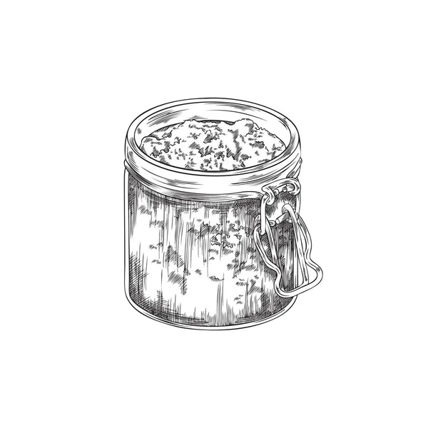 乾燥したバジルのスケッチスタイルで手描きのモノクロガラス瓶 白い背景に隔離されたベクトルイラスト 天然の有機スパイス 芳香族料理成分 — ストックベクタ