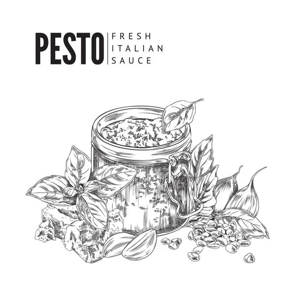 Pesto Italiaanse Saus Kaart Recept Boek Pagina Ontwerp Met Hand — Stockvector