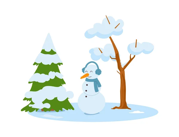 冬季装饰横幅或贴纸图案 雪人在森林或雪地景观中 平面矢量图解 白色背景孤立 — 图库矢量图片