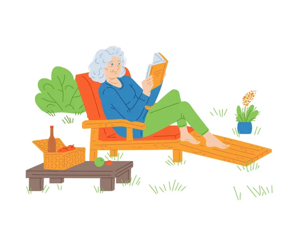 Elderly woman enjoying lunch or picnic in outdoor recreation glamping facility, flat vector illustration isolated on white background. Leisure and recreation in glamping.
