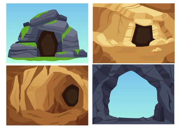 Пещерные Скалистые Пейзажи Коллекции Квадратных Баннеров Плоские Векторные Иллюстрации Пещерная — стоковый вектор