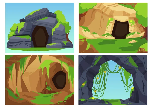 Stone Cave Entrances Set Wild Nature Landscape Cartoon Flat Vector — Vector de stock