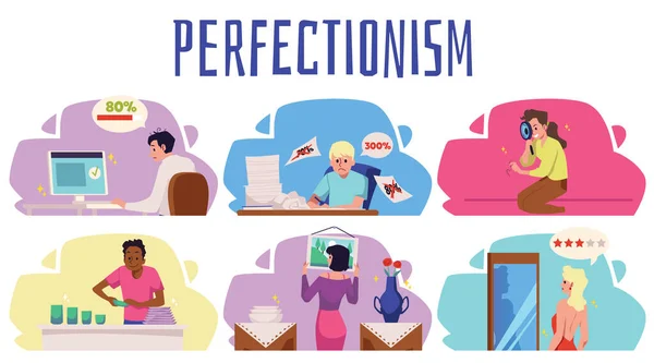 Perfectionists Άνθρωποι Που Καθαρίζουν Και Εργάζονται Σκληρά Ανικανοποίητοι Χαρακτήρες Επίπεδη — Διανυσματικό Αρχείο