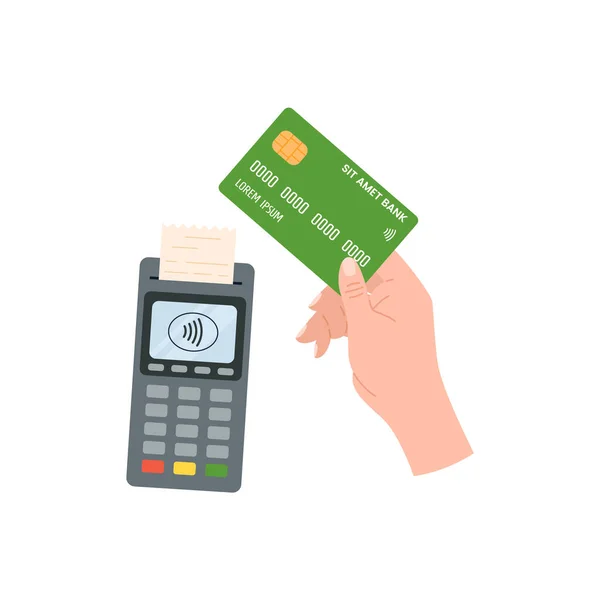 Hand Κατέχει Πιστωτική Κάρτα Πάνω Pos Τερματικό Επίπεδη Διανυσματική Απεικόνιση — Διανυσματικό Αρχείο