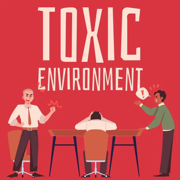 Toxic Environment Banner Poster Arguing Conflicting Company Employees Flat Vector — Stock Vector