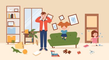 Parent horrified and shocked by the mess made by naughty children in the room. Naughty children, sluts make a mess and dirty furniture, flat vector illustration. clipart