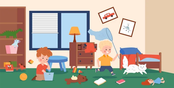 Kids Making Terrible Mess Home While Playing Flat Vector Illustration — Vettoriale Stock