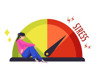 Anxious woman sitting in front of measuring device showing stress level, cartoon flat vector illustration isolated on white background. Stress and emotional tension.