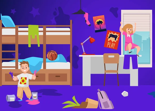 Hyperactive Naughty Children Make Mess Get Dirty Room Flat Cartoon — Vetor de Stock
