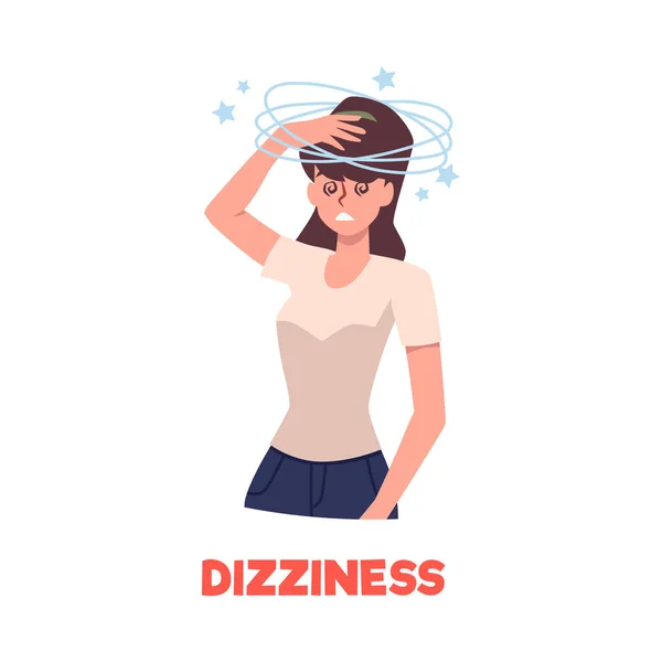 Woman Suffering Dizziness Flat Vector Illustration Isolated White Background Character — Stock Vector