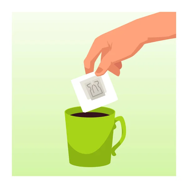 Hand Holding Bag Instant Coffee Cup Flat Vector Illustration Instant —  Vetores de Stock