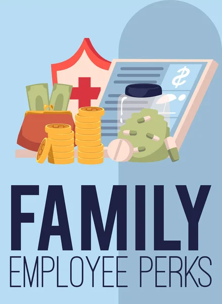 Family Employee Perks Poster Template Flat Vector Illustration Employee Benefits — Archivo Imágenes Vectoriales