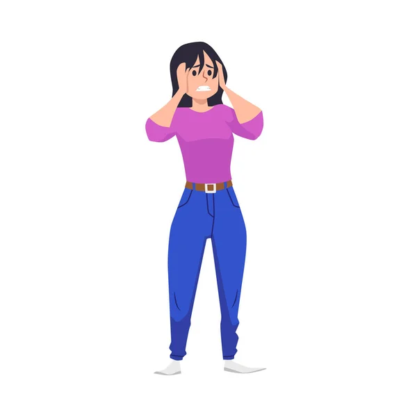Worried Angry Woman Holding Her Head Her Hands Flat Vector — Image vectorielle