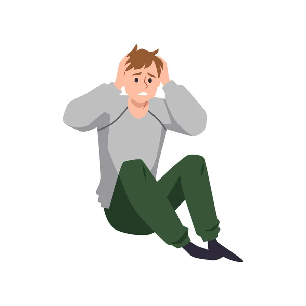 Worried Panicked Man Sitting Floor Clutching His Head His Hands — Image vectorielle