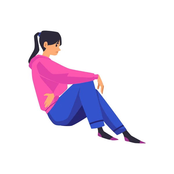 Lonely Woman Sitting Floor Exhausted Emotionally Burned Out Flat Vector — Stock Vector