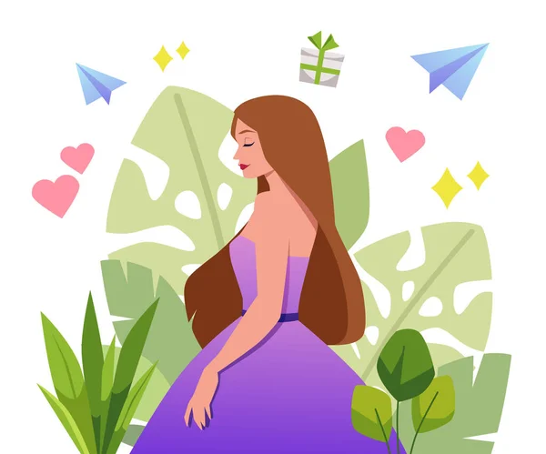 Young Woman Remembering Positive Life Events Flat Vector Illustration Isolated — Vettoriale Stock