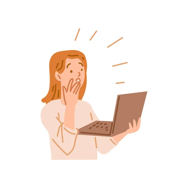 Woman Expresses Surprise What She Sees Laptop Emotion Surprise Unexpected — Stock Vector