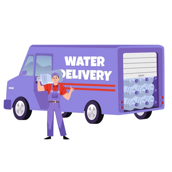 Water delivery man in front of car or truck, flat vector illustration isolated on white background. Drawing for purified water delivery service. Happy courier in uniform with gallon of water.