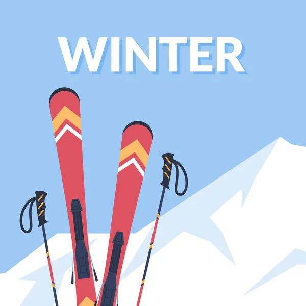 Winter Sports Card Banner Design Skis Snowdrift Mountain Backdrop Flat — Stock Vector