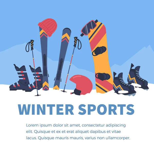 Winter Sports Poster Banner Template Sport Equipment Mountain Backdrop Flat — Stock Vector