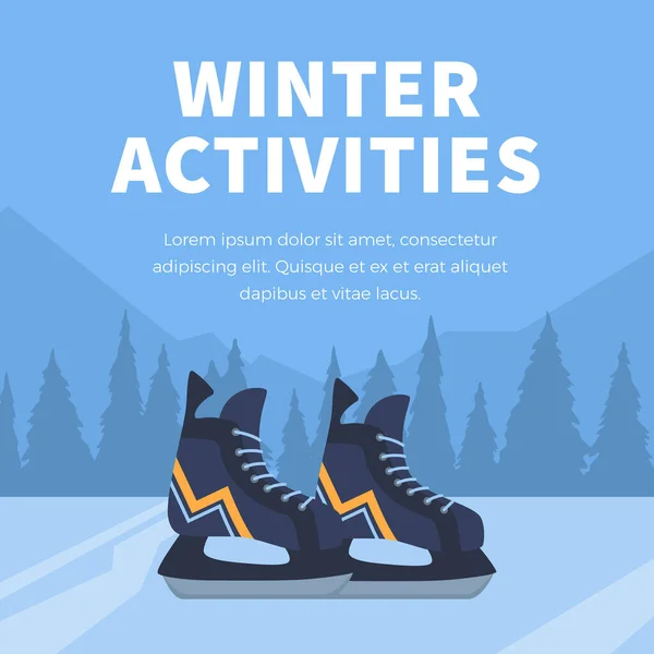 Squared Banner Skates Winter Activities Flat Style Vector Illustration Place — Wektor stockowy