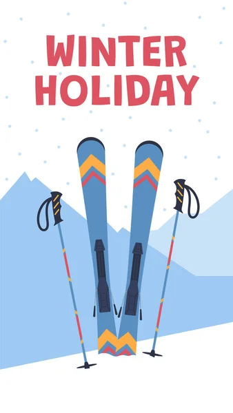 Winter Holiday Poster Template Equipment Skiing Flat Vector Illustration Snowy — Wektor stockowy