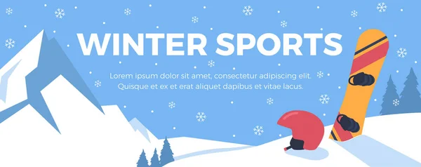 Website banner template about winter sports flat style, vector illustration. Mountain landscape silhouette, snowboarding, place for text. Decorative design, winter activities, leisure