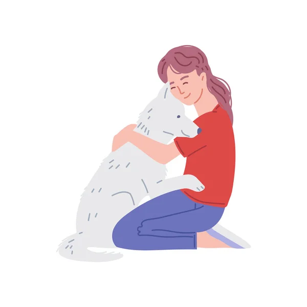 Happy Woman Sitting Hugging Dog Hand Drawn Flat Vector Illustration — Stok Vektör