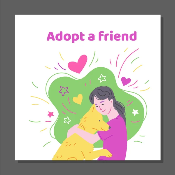 Pet Adoption Advertising Poster Woman Hugging Dog Hand Drawn Flat — Stok Vektör