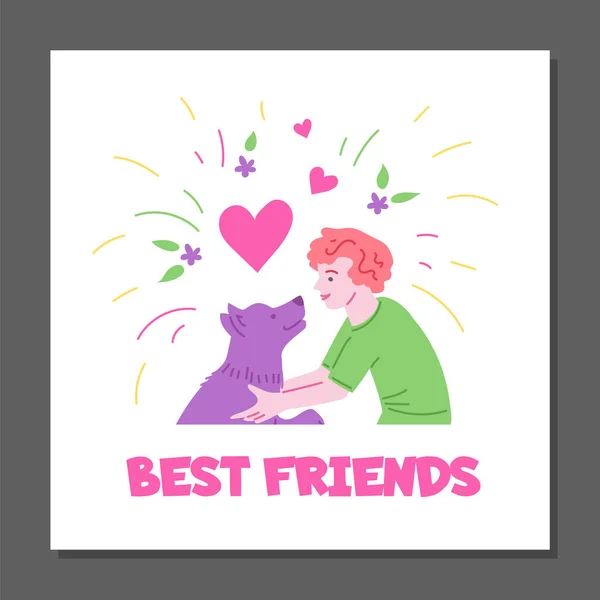 Boy Cuddling Dog Best Friends Inscription Poster Template Hand Drawn — Stock Vector