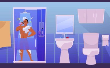 Bathroom interior with cheerful man taking a shower, flat vector illustration. Horizontal background with man having everyday hygiene routine procedure