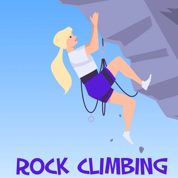 Rock Climbing Sport Tourism Activity Poster Design Climber Character Flat — стоковый вектор