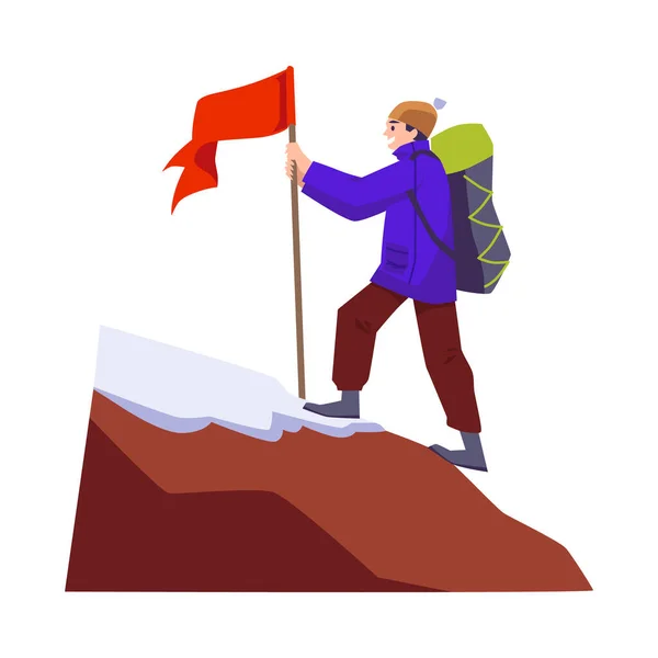 Hegymászó Vagy Sziklamászó Zászlót Húzott Hegycsúcsra Alpinizmus Eredmények Extrém Sport — Stock Vector