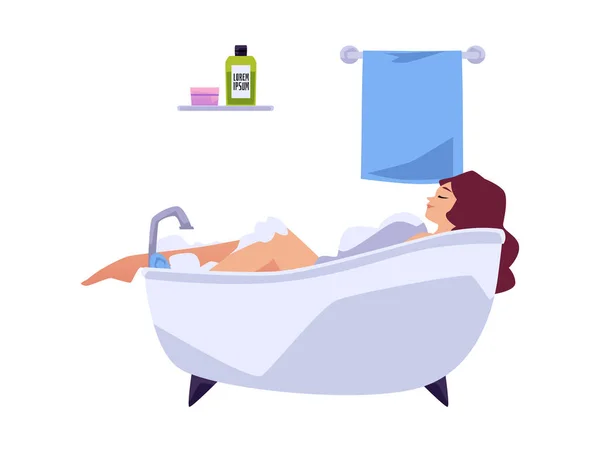 Smiling Woman Relaxing Bathtub Foam Flat Style Vector Illustration Isolated — Stockový vektor