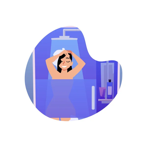 Decorative Badge Banner Woman Taking Shower Flat Cartoon Vector Illustration — Stok Vektör