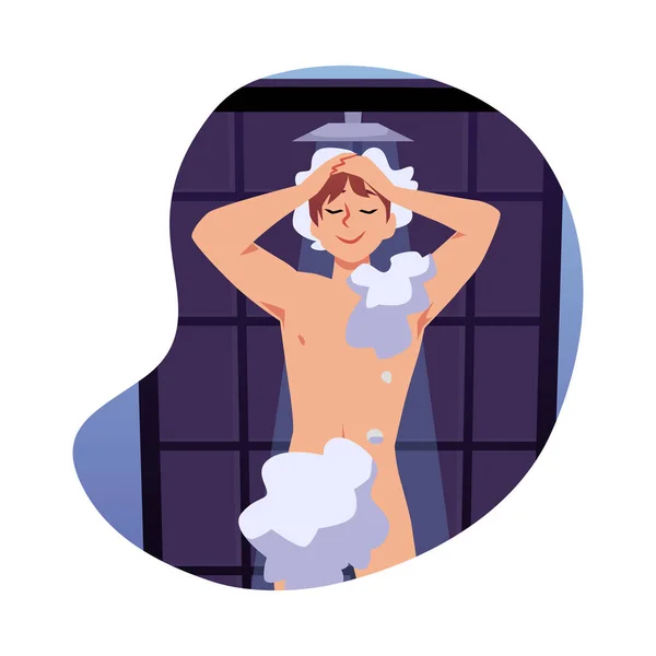 Smiling Boy Take Shower Flat Style Vector Illustration Isolated White — Vettoriale Stock