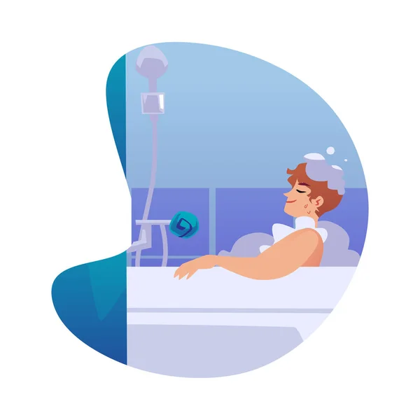 Man Relaxing Bathtub Foam Flat Vector Illustration Isolated White Background — 스톡 벡터