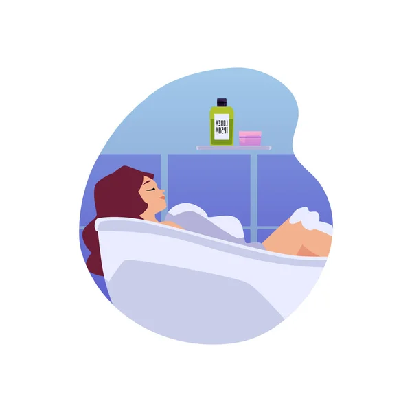 Relaxed Woman Foamy Bathtub Flat Vector Illustration Isolated White Background — Archivo Imágenes Vectoriales
