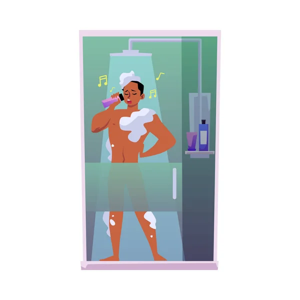 Man Singing Shower While Bathing Flat Cartoon Vector Illustration Isolated — Stock Vector