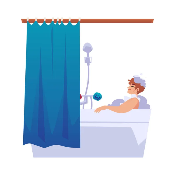 Man Bathtub Enjoying Washing Procedure Flat Cartoon Vector Illustration Isolated — Stockvector