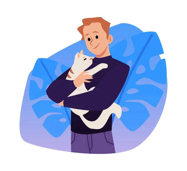 Uomo Che Abbraccia Gatto Concetto Animale Supporto Emotivo Illustrazione Vettoriale — Vettoriale Stock