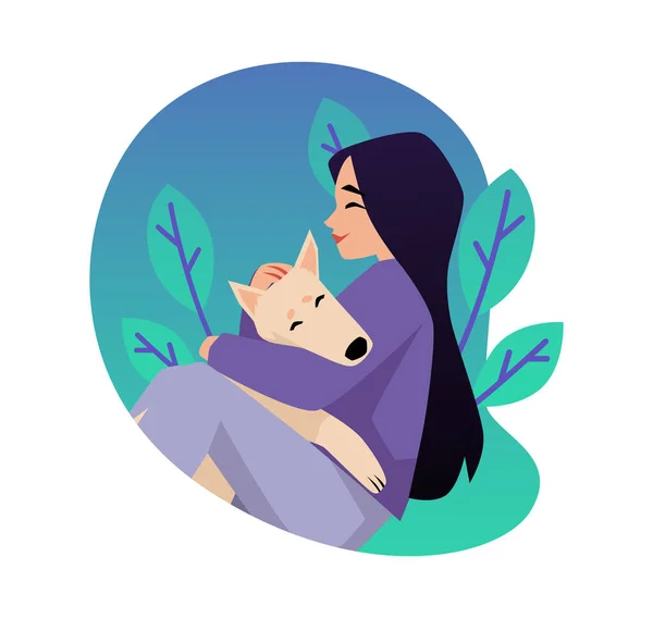 Smiling Woman Hugging Big Dog Flat Style Vector Illustration Isolated — Archivo Imágenes Vectoriales